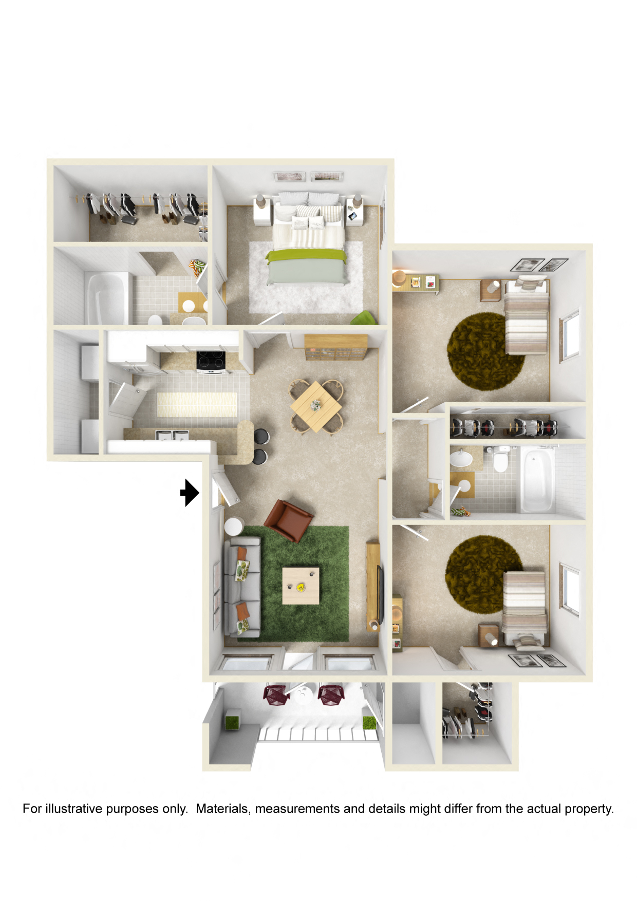 Floor plan for 3 beds, 2 baths, 1058 sqft